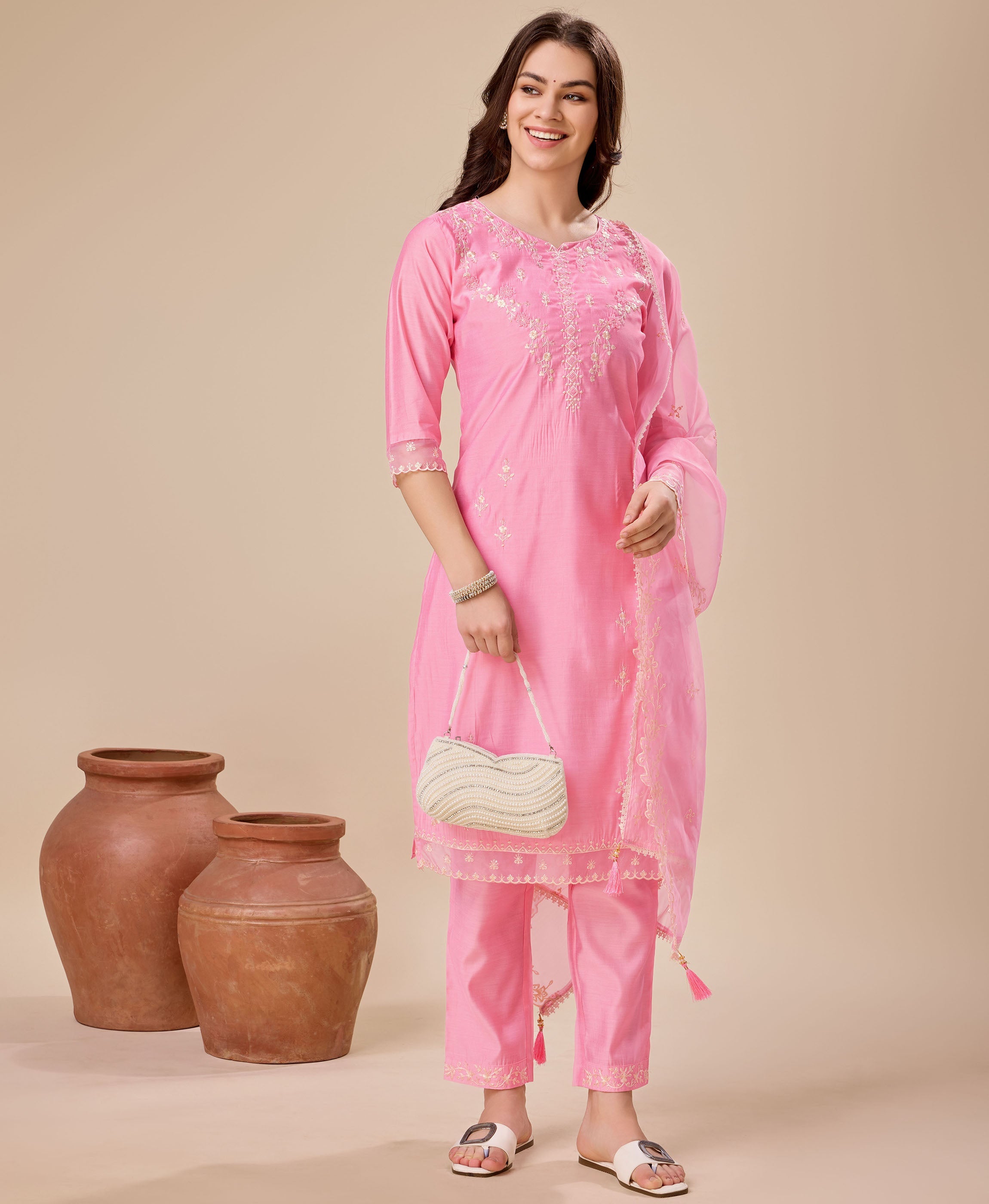Pink Viscose Silk Embroidered Kurti Set